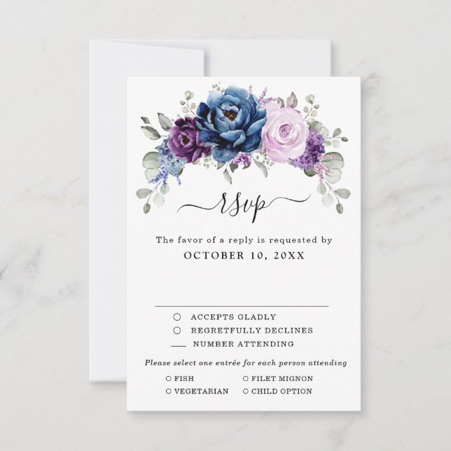 Dusty Blue Lila Navy Lilac Blooms Wedding RSVP Karte (Vorderseite)