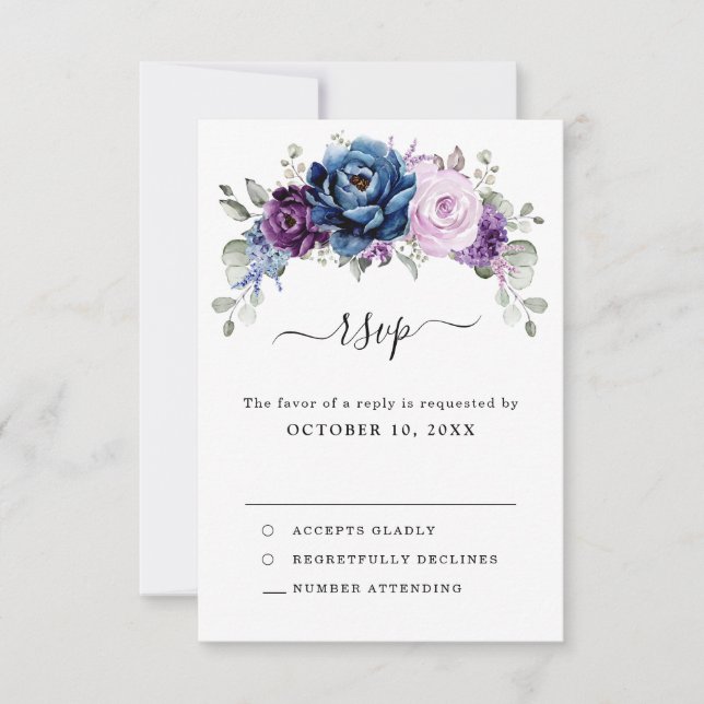 Dusty Blue Lila Navy Lilac Blooms Wedding RSVP Karte (Vorderseite)