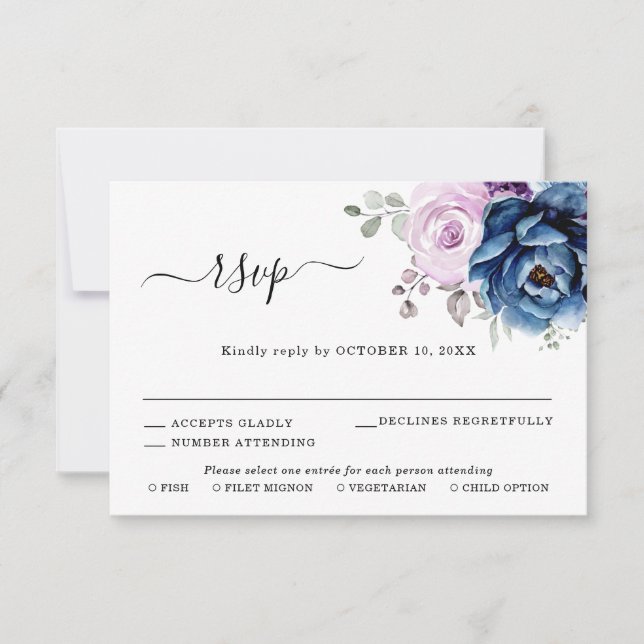 Dusty Blue Lila Navy Lilac Blooms Wedding RSVP Karte (Vorderseite)