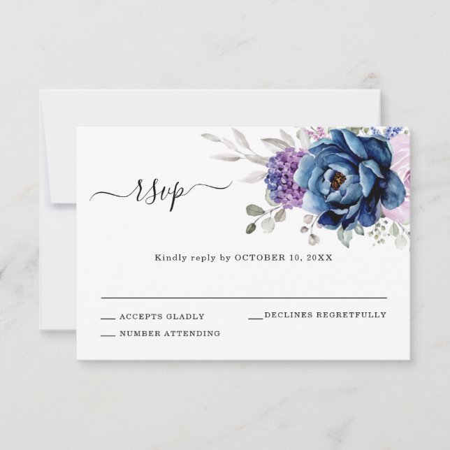 Dusty Blue Lila Navy Lilac Blooms Wedding RSVP Karte (Vorderseite)