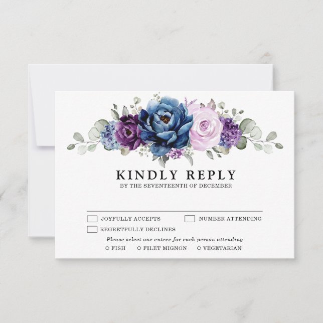 Dusty Blue Lila Navy Lilac Blooms Wedding RSVP Karte (Vorderseite)