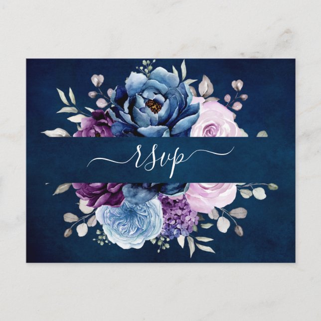 Dusty Blue Lila Navy Lilac Blooms Wedding RSVP Postkarte (Vorderseite)