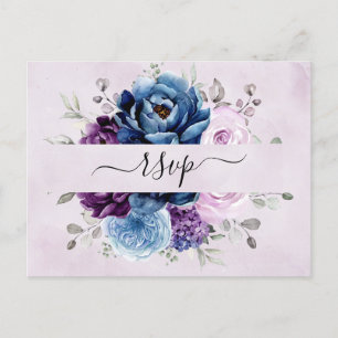 Dusty Blue Lila Navy Lilac Blooms Wedding RSVP Postkarte