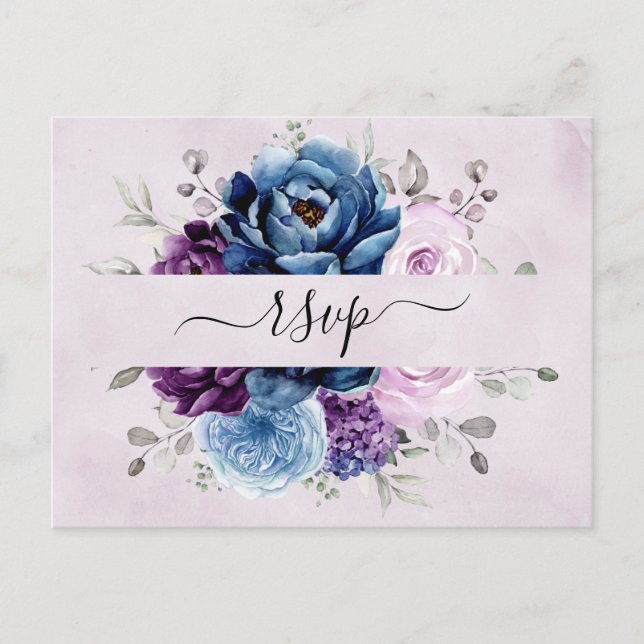 Dusty Blue Lila Navy Lilac Blooms Wedding RSVP Postkarte (Vorderseite)