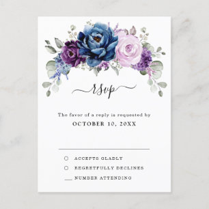 Dusty Blue Lila Navy Lilac Blooms Wedding RSVP Postkarte