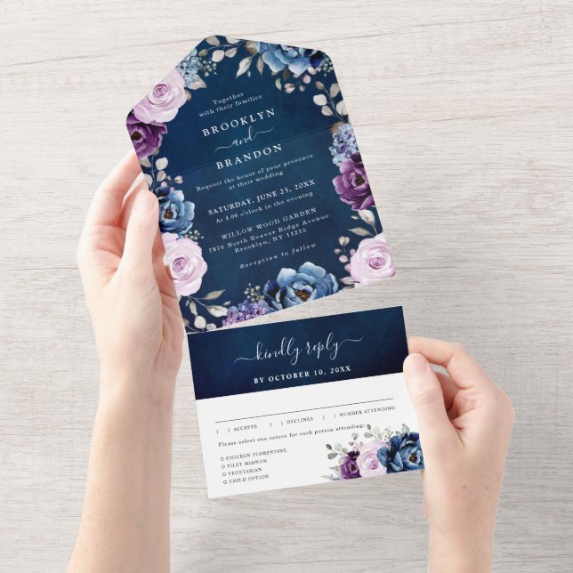 Dusty Blue Lila Navy Lilac blüht auf All In One Einladung (Abreißen)