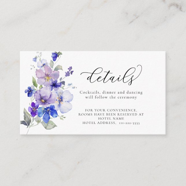 Dusty Blue Lilac Purple Flowers Hochzeitdetails Begleitkarte (Vorderseite)