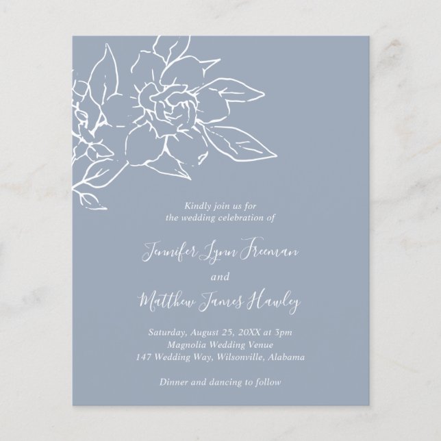 Dusty Blue Line Art Floral Budget Hochzeit Einladu (Vorderseite)