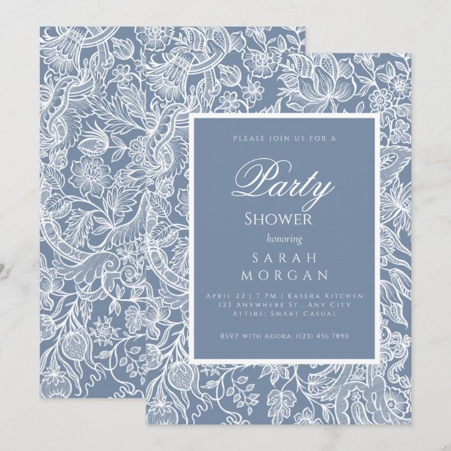 Dusty Blue Line Art Wildblumen Einladung (Vorne/Hinten)