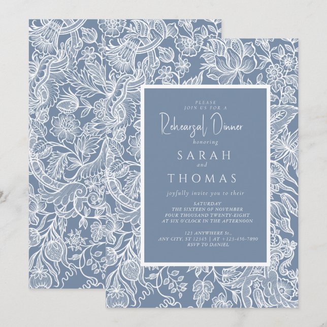 Dusty Blue Line Art Wildblumen Einladung (Vorne/Hinten)