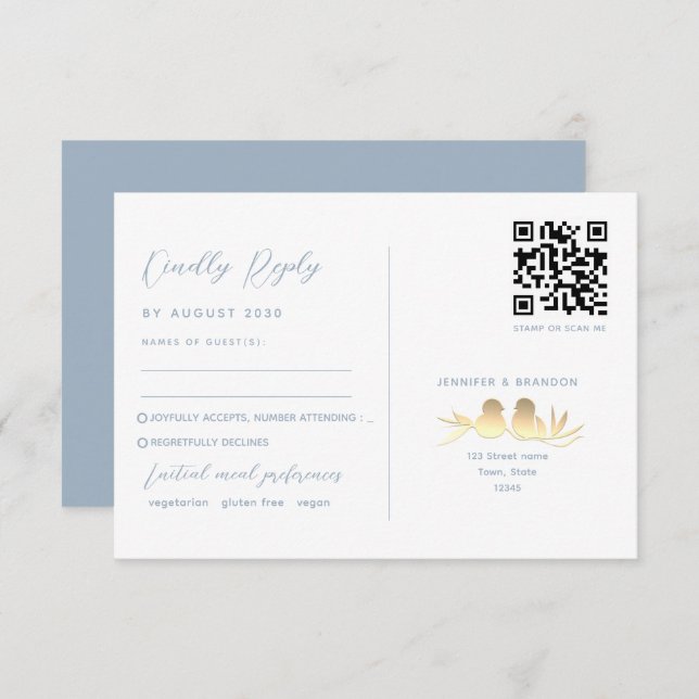 Dusty Blue Lovebirds QR RSVP Karte (Vorne/Hinten)