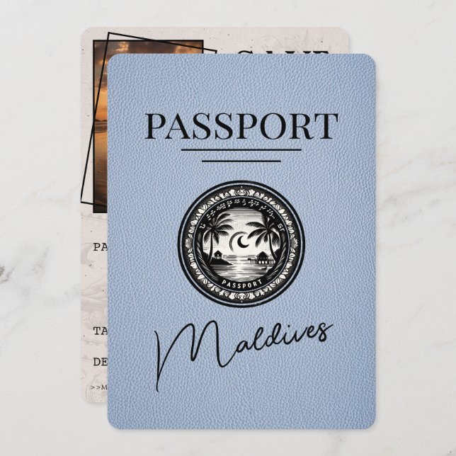 Dusty Blue Maldives Passport Save the Date (Vorne/Hinten)