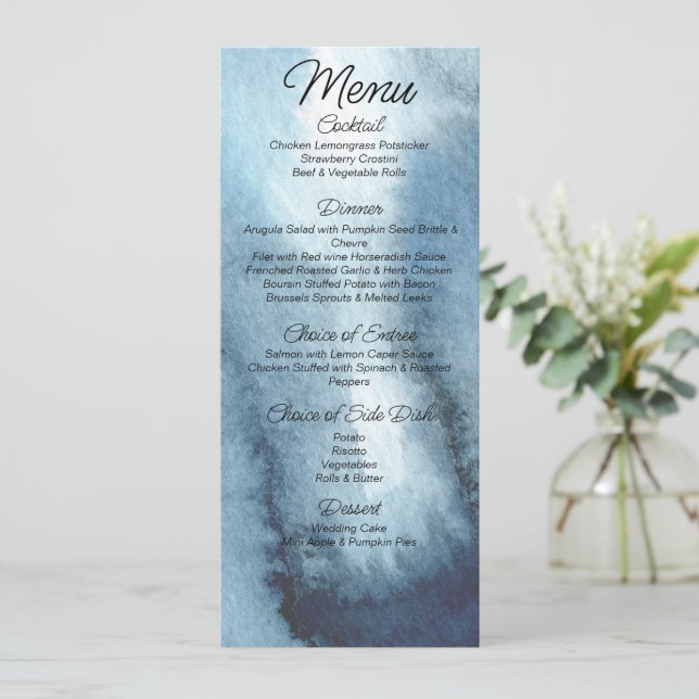 Dusty Blue Marine Aquarell Hochzeit Menükarte (Stehend Vorderseite)