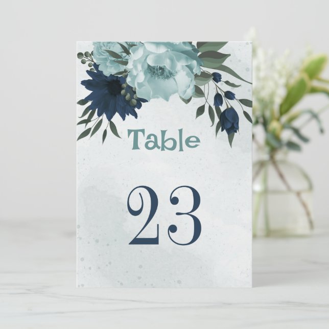 Dusty Blue & Marine Blume Tischnummer (Stehend Vorderseite)