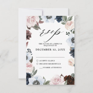 Dusty blue mariny mauve and errush pink Wedding RSVP Karte