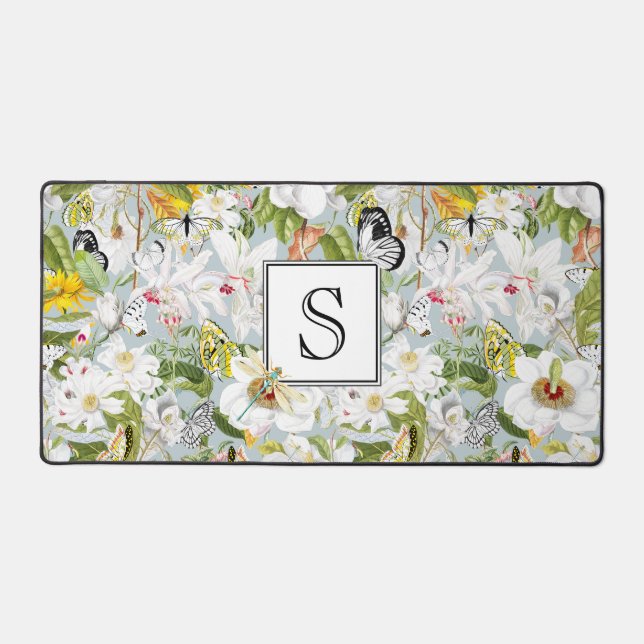 Dusty Blue Mariposa Vintage Mit Monogramm Schreibt Schreibtischunterlage (Vorderseite)