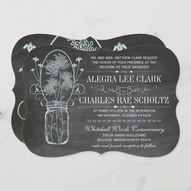 Dusty Blue Mason Jar Chalkboard Wedding Einladung (Vorne/Hinten)