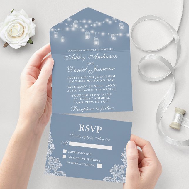 Dusty Blue Mason Jar String Lights Hochzeit All In One Einladung (All In One Wedding Invitation with tear off RSVP Card)