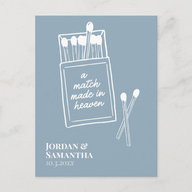 Dusty Blue Match Made in Heaven Save the Date Postkarte (Vorderseite)