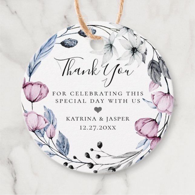 Dusty Blue mauve Blumenwreath Wedding Geschenkanhänger (Vorderseite)
