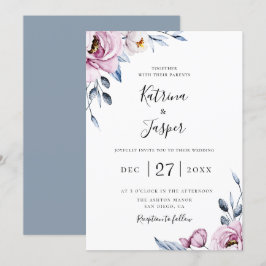 Dusty Blue Mauve Botanical Floral Wedding Einladung