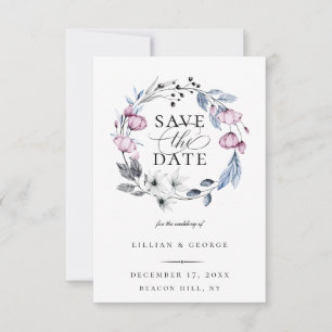 Dusty Blue Mauve Botanical Save the Date Ankündigung