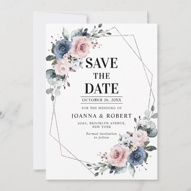 Dusty Blue Mauve Eucalyptus Geometric Wedding Rett Save The Date (Vorderseite)
