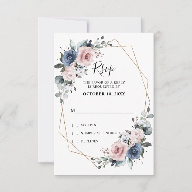 Dusty Blue Mauve Eucalyptus Geometric Wedding RSVP (Vorderseite)