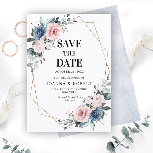 Dusty Blue Mauve Eucalyptus Geometric Wedding Save The Date (Von Creator hochgeladen)