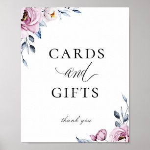 Dusty Blue Mauve Floral Cards Zeichen Poster