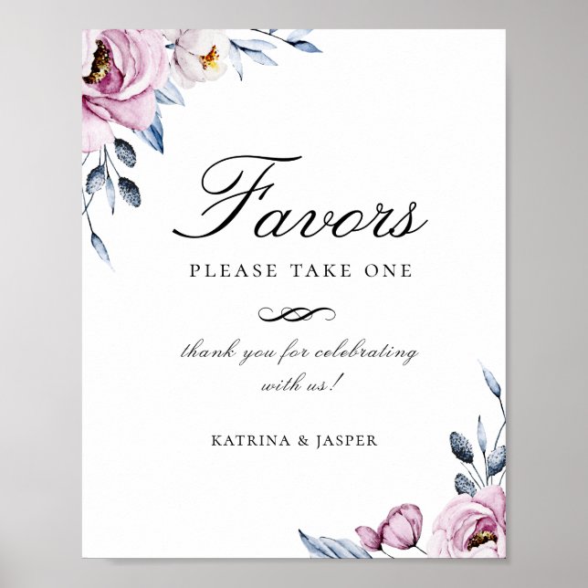 Dusty Blue Mauve Floral Favor Wedding Sign Poster (Vorne)