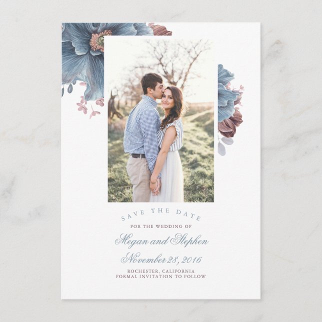 Dusty Blue & Mauve Floral Foto Save the Date Card Begleitkarte (Vorderseite)
