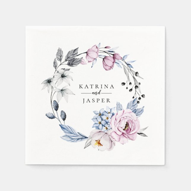 Dusty Blue Mauve Floral Wreath Serviette (Vorderseite)