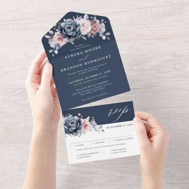 Dusty Blue Mauve Rose Pink Slate Floral Wedding All In One Einladung (Abreißen)