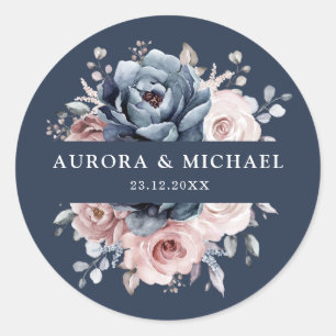 Dusty Blue Mauve Rose Pink Slate Floral Wedding C Runder Aufkleber