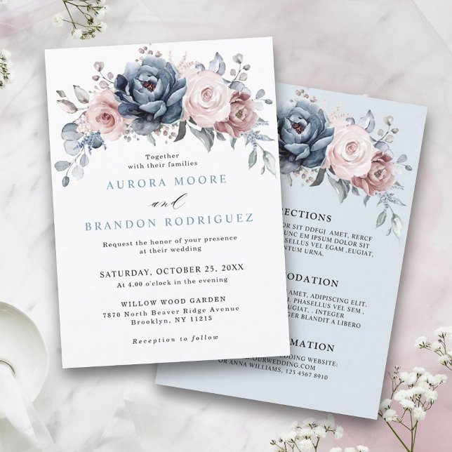 Dusty Blue Mauve Rose Pink Slate Floral Wedding Einladung (Dusty blue mauve rose pink floral wedding invitation with details on back)
