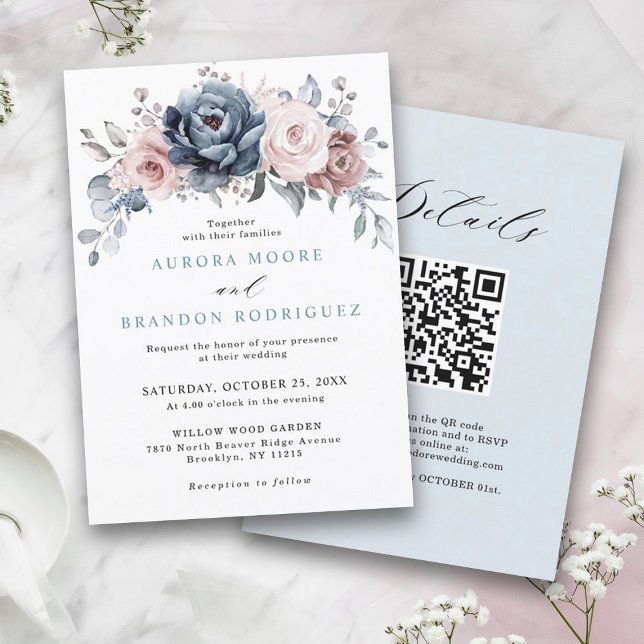 Dusty Blue Mauve Rose Pink Slate Floral Wedding Einladung (Dusty blue mauve rose pink slate wedding invitation with QR code details on back)