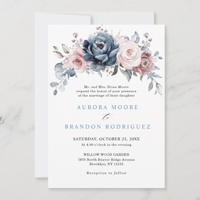 Dusty Blue Mauve Rose Pink Slate Floral Wedding in Einladung (Vorderseite)