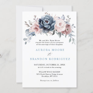 Dusty Blue Mauve Rose Pink Slate Floral Wedding in Einladung