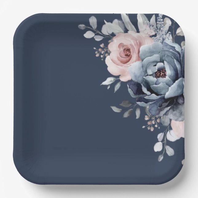 Dusty Blue Mauve Rose Pink Slate Floral Wedding P Pappteller (Vorderseite)