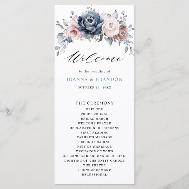 Dusty Blue Mauve Rose Pink Slate Floral Wedding Programm (Vorderseite)