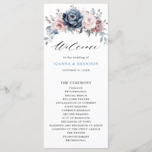 Dusty Blue Mauve Rose Pink Slate Floral Wedding Programm
