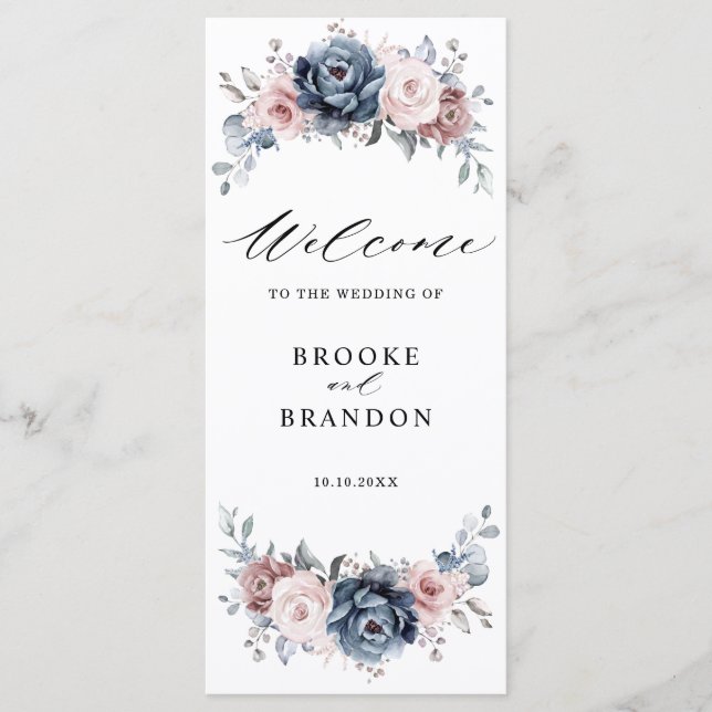 Dusty Blue Mauve Rose Pink Slate Floral Wedding Programm (Vorderseite)