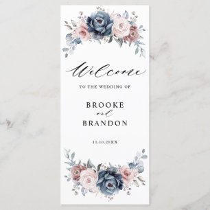 Dusty Blue Mauve Rose Pink Slate Floral Wedding Programm