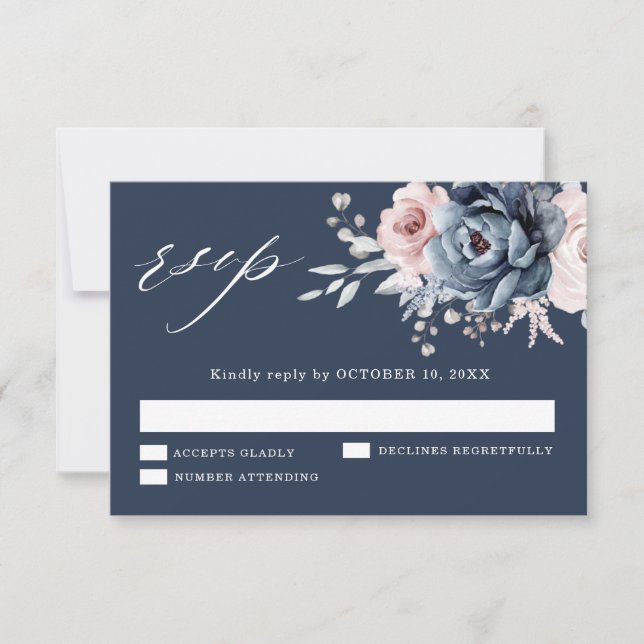 Dusty Blue Mauve Rose Pink Slate Floral Wedding RS RSVP Karte (Vorderseite)