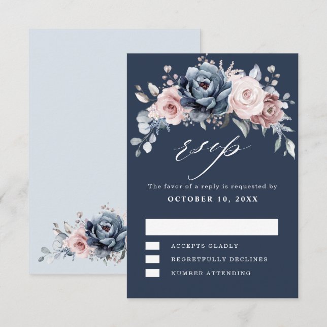 Dusty Blue Mauve Rose Pink Slate Floral Wedding RS RSVP Karte (Vorne/Hinten)