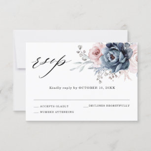 Dusty Blue Mauve Rose Pink Slate Floral Wedding RSVP Karte