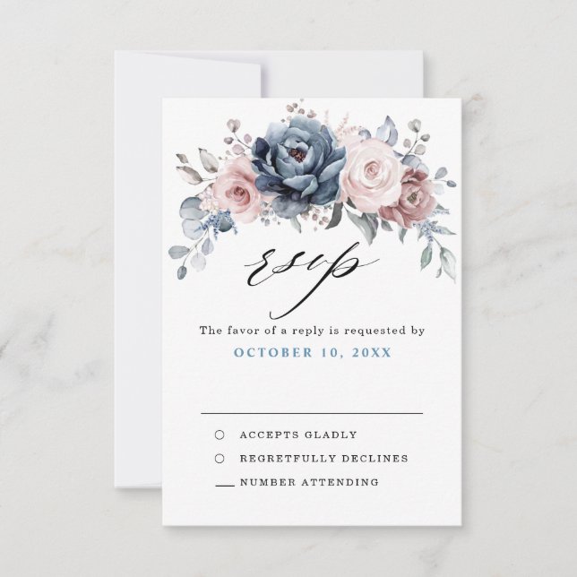 Dusty Blue Mauve Rose Pink Slate Floral Wedding RSVP Karte (Vorderseite)