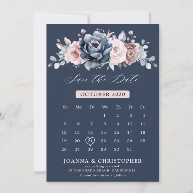 Dusty Blue Mauve Rose Pink Slate Floral Wedding S Save The Date (Vorderseite)