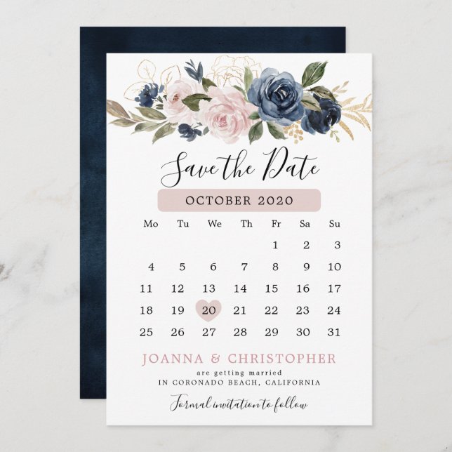 Dusty Blue Mauve Rose Pink Slate Floral Wedding Save The Date (Vorne/Hinten)